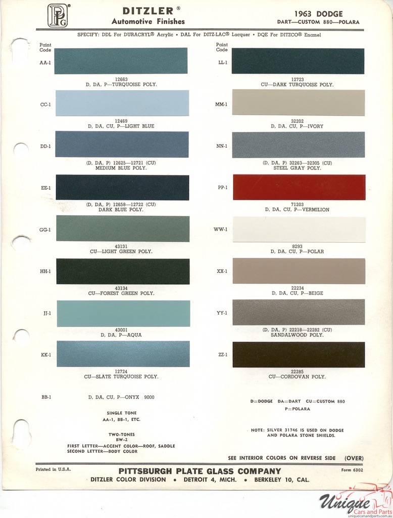 1963 Dodge Paint Charts PPG 1